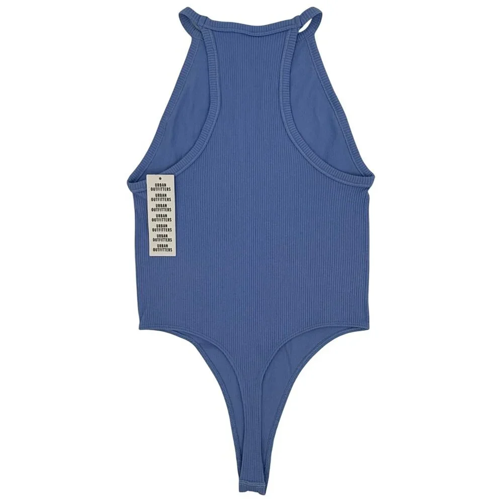 NWT UO Blue Ribbed Bodysuit XS/S High Neck V-Slit Thong • Modern Minimalist Y2K - Picture 14 of 16